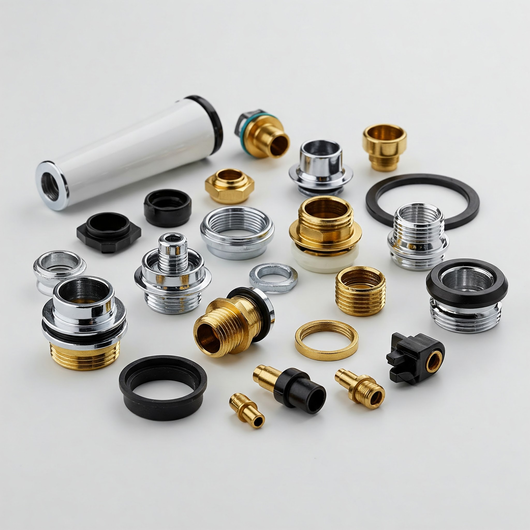 Close-up of various bathtub faucet replacement parts, highlighting common components for repair.