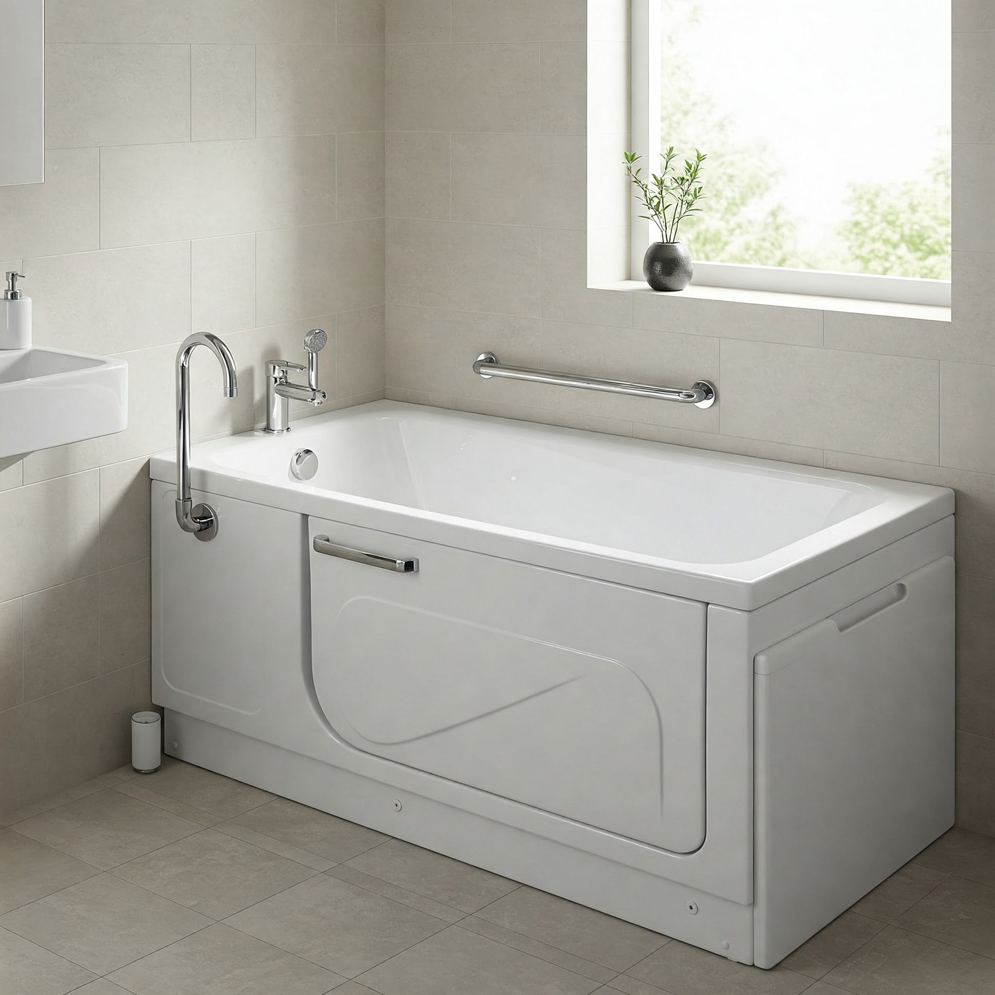 A spacious white bathtub with door open, designed for accessibility and comfortable bathing.