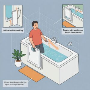 Infographic-style illustration outlining the benefits of a bathtub with door for individuals with limited mobility.