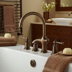Bronze bathtub faucet complementing other bronze bathroom fixtures and decor.