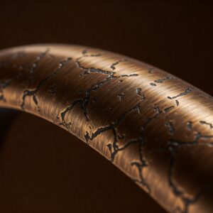 Detailed texture of the rich bronze finish on a bathtub faucet.