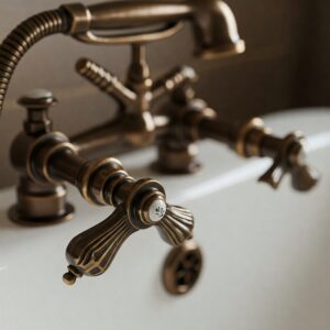 Close-up view of the ornate bronze handles of a bathtub faucet.