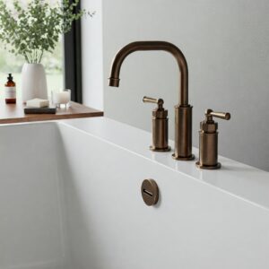Bronze bathtub faucet beautifully installed on a modern white bathtub.