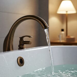 Water flowing from the spout of a stylish bronze bathtub faucet.