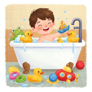 A cute illustration of a child happily sitting bathtub playing with colorful bath toys.