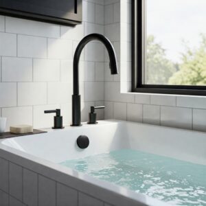 "Contemporary matte black whirlpool bathtub faucets in a modern bathroom setting."