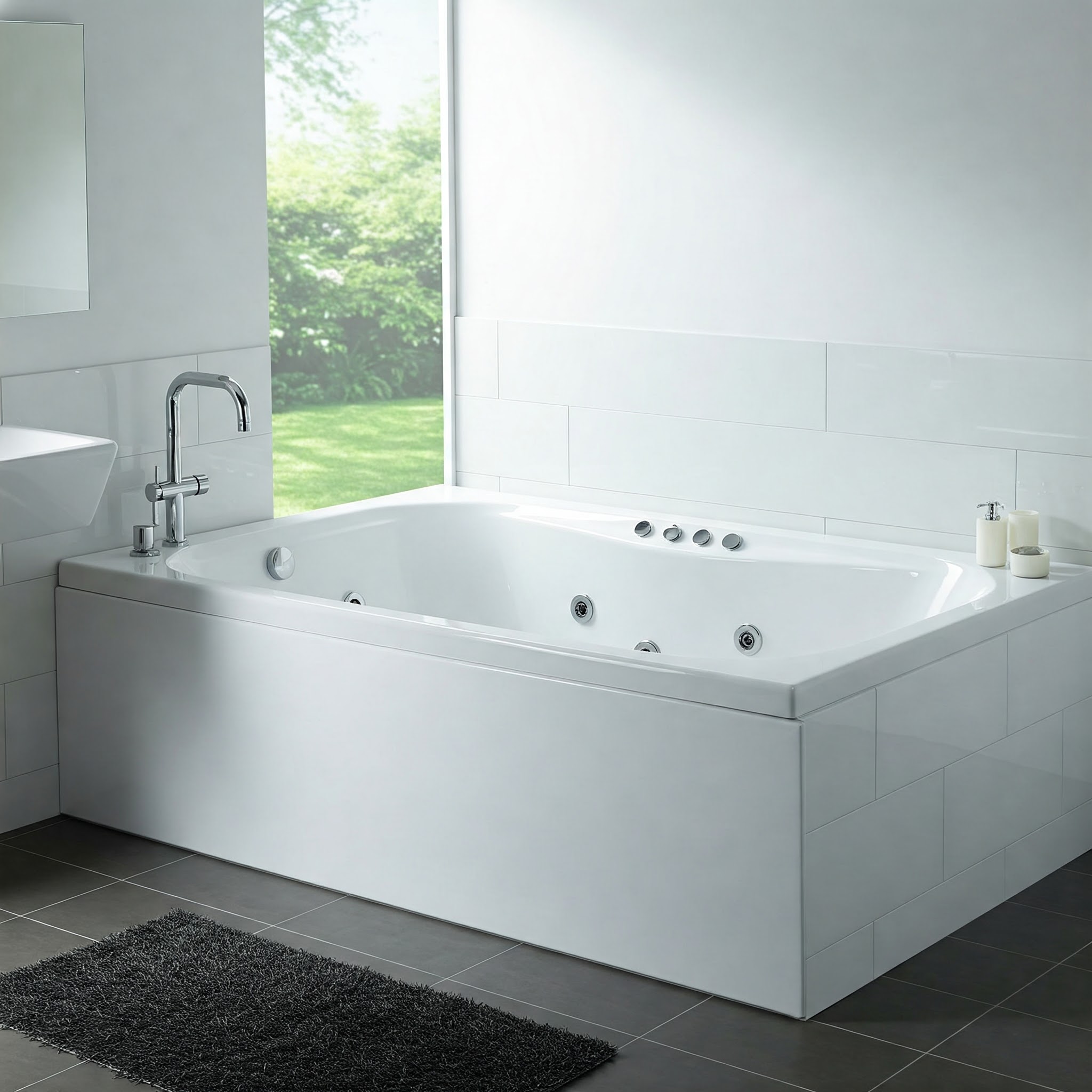 "Elegant corner jacuzzi bathtub in a modern bathroom design, offering a relaxing spa experience."