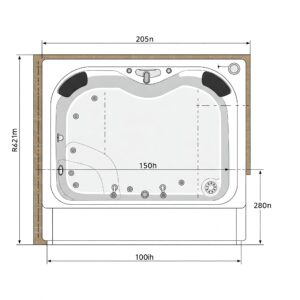 "Diagram showing the typical dimensions and measurements of a corner jacuzzi bathtub."