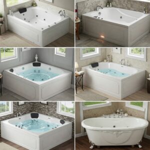 "Various styles of corner jacuzzi bathtubs, from contemporary to classic designs."