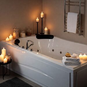 A corner jetted bathtub styled with complementary bathroom accessories like candles, bath salts, and a plush towel. 