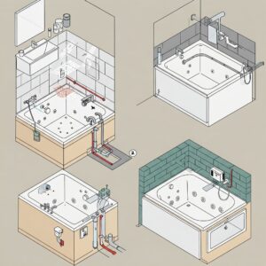 Illustration showing the step-by-step installation process of a corner jetted bathtub in a bathroom.