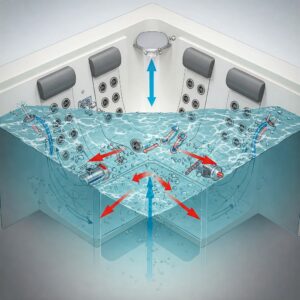 Close-up illustration of the various jet types and placements in a corner jetted bathtub, emphasizing the hydrotherapy benefits.