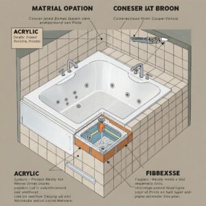 Illustration showcasing different material options for corner jetted bathtubs, such as acrylic and fiberglass.