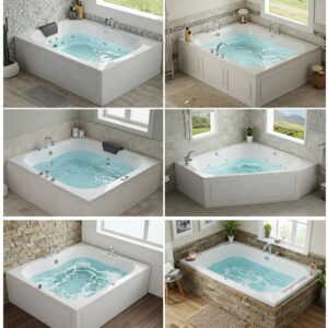 Different shapes and styles of corner jetted bathtubs, highlighting their unique designs for various bathroom layouts. 