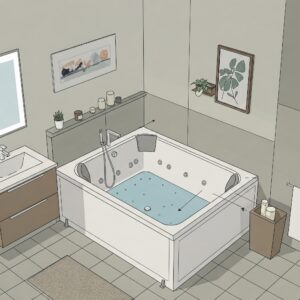 Illustration demonstrating how a compact corner jetted bathtub can fit effectively into a smaller bathroom space.