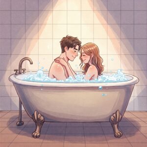 A romantic illustration of a couple sitting bathtub, enjoying a shared soak.