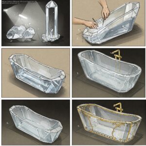 Illustration showing the detailed process of crafting a unique crystal bathtub.