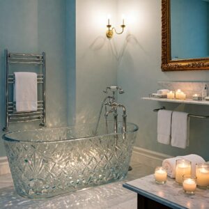 Elegant crystal bathtub complemented by luxurious bathroom accessories like candles and soft towels.