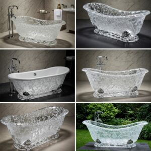 Various design styles and shapes of stunning crystal bathtubs.