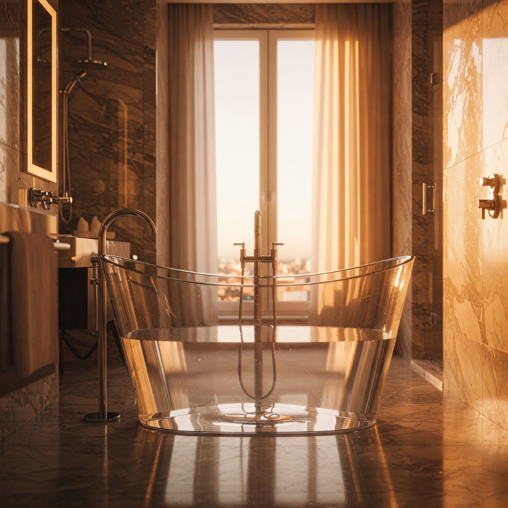 Luxurious crystal bathtub reflecting light in an elegant bathroom setting.