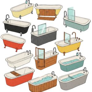 A collage illustration displaying various styles and designs of bathtub with door, from traditional to modern.