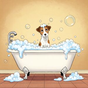 Humorous illustration of a small dog sitting bathtub filled with bubbles.