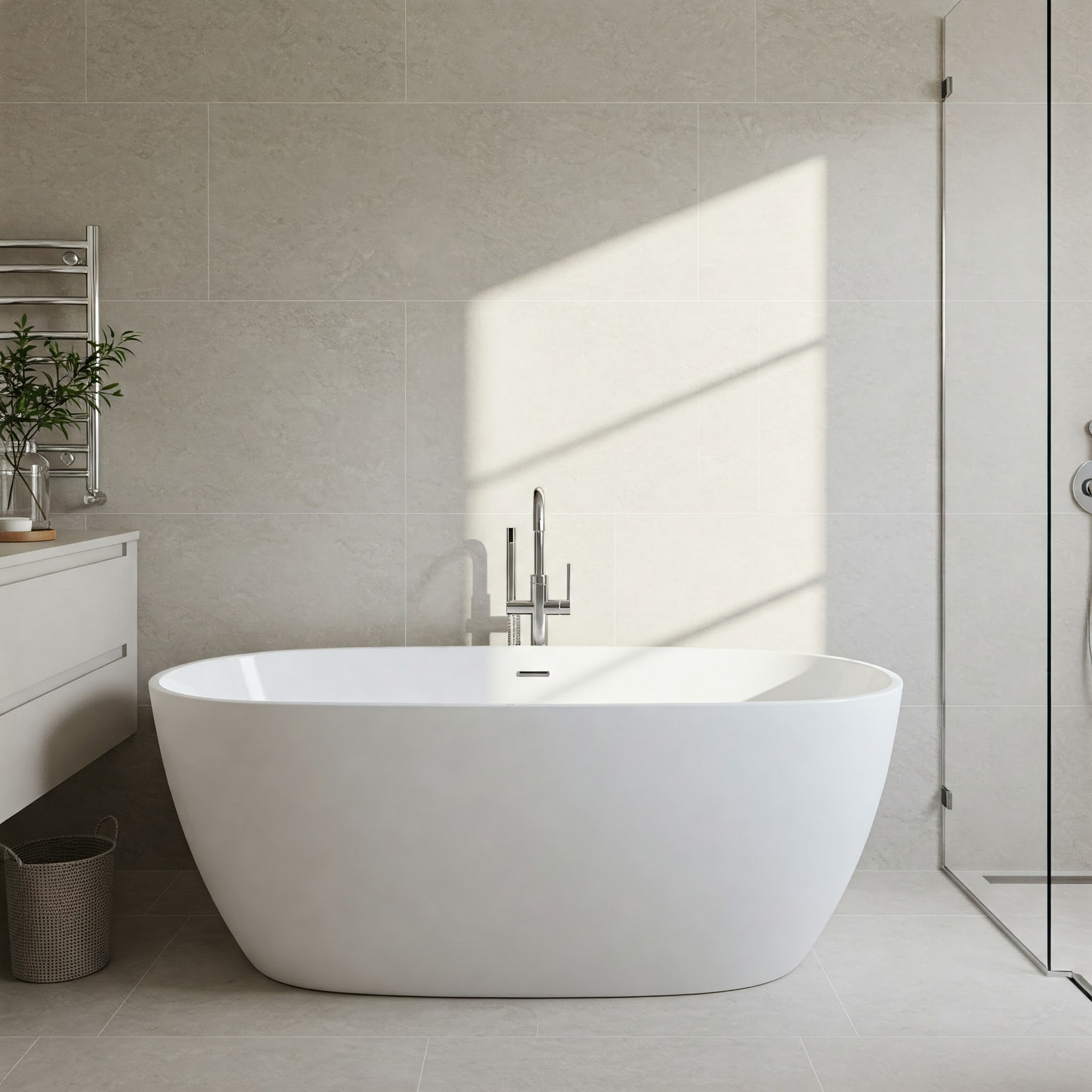 Elegant white drop-in bathtub in a modern bathroom design with natural light.