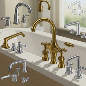 Close-up illustration of deck-mounted faucet options on a drop-in bathtub.