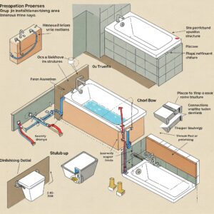 Diagram illustrating the step-by-step installation process of a drop-in bathtub.