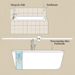 Comparison illustration highlighting the differences between a drop-in bathtub and a freestanding bathtub.