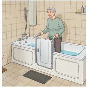 A detailed illustration of an elderly person easily entering and exiting a bathtub with door.
