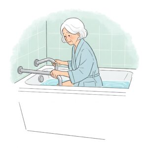 Illustration of an elderly woman carefully sitting bathtub with safety grab bars.