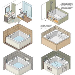 "Step-by-step illustration of the process for installing a corner jacuzzi bathtub in a bathroom."