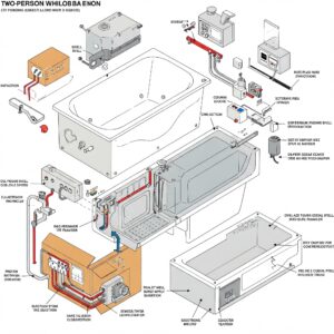 Illustration showing the installation process or key components of a two person whirlpool bathtub.