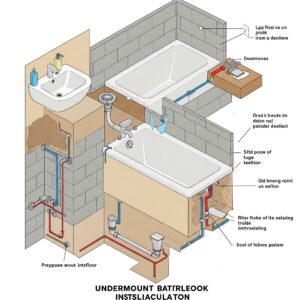 Illustration showing the process of installing an undermount bathtub in a bathroom.