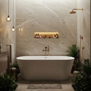 Elegant massage bathtub as a centerpiece in a luxurious and relaxing bathroom environment.
