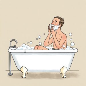 Illustration depicting a man sitting bathtub, lathering his face to shave.