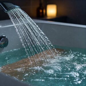 Powerful water jets in a massage bathtub targeting muscle tension.