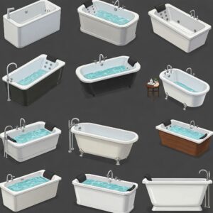 Various styles of massage bathtubs available for different bathroom designs.