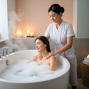 Woman peacefully enjoying a soothing massage in a modern bathtub.