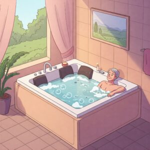 "Illustration of a person enjoying a soothing soak in a corner jacuzzi bathtub."