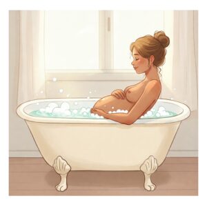 Gentle illustration of a pregnant woman comfortably sitting bathtub, supporting her back.