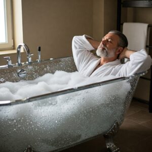 Person enjoying a relaxing soak in a sparkling crystal bathtub with bubbles.