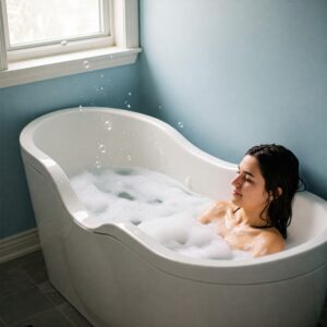 Person enjoying a relaxing soak in a comfortable slipper bathtub.