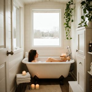Person enjoying a relaxing soak in a compact tiny home bathtub within a tiny home.