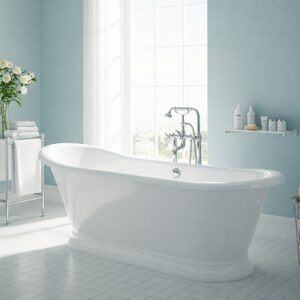 Luxurious white slipper bathtub in a bright bathroom setting.
