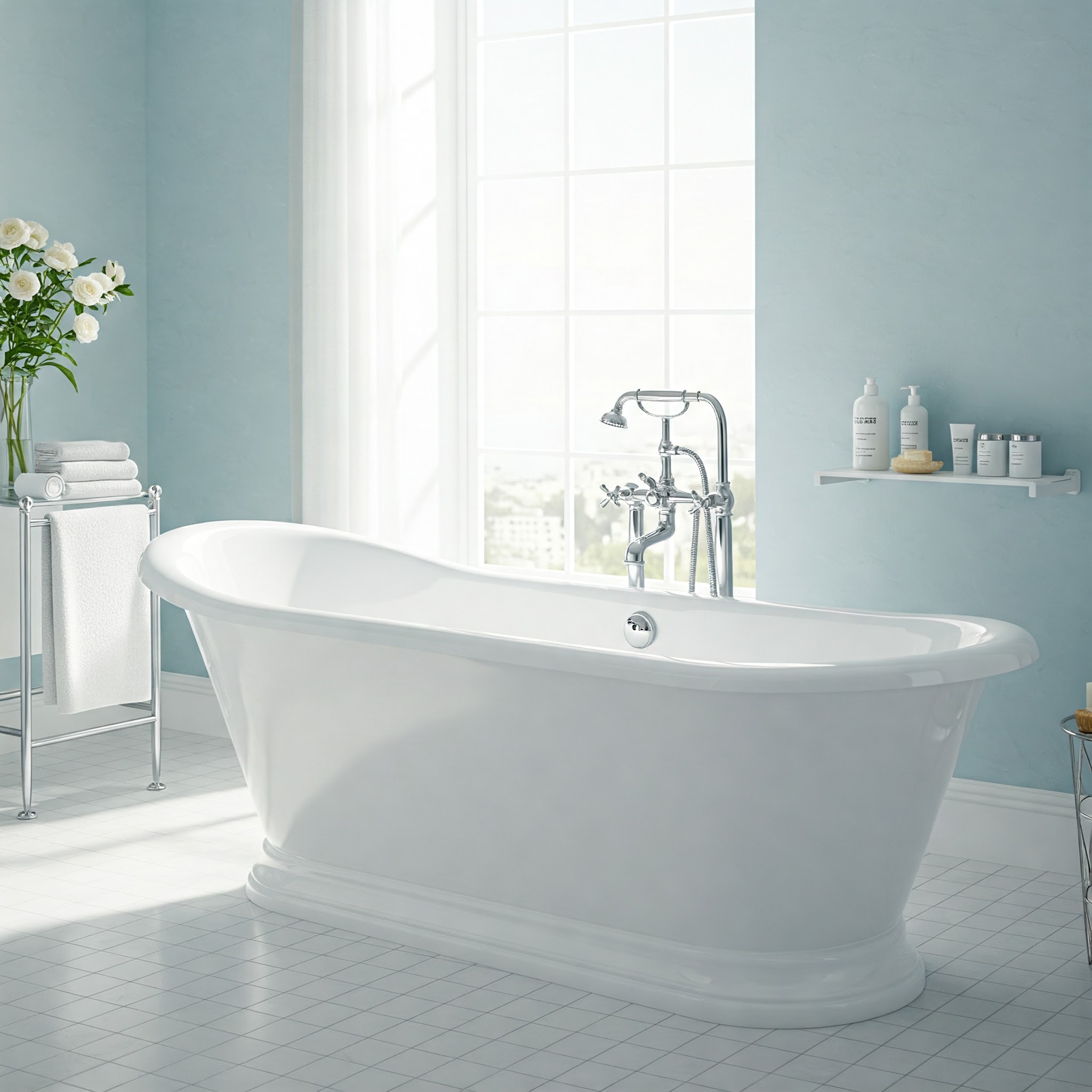 Luxurious white slipper bathtub in a bright bathroom setting.