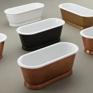 Showcase of different materials and finishes for slipper bathtubs.