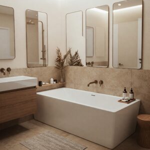 Undermount bathtub design ideas for a compact bathroom space.