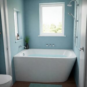 Space-saving and uniquely shaped bathtub ideal for a tiny home bathtub.